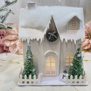 Snowy Roof Putz Christmas Village Victorian House Wreath Trees Led light up New